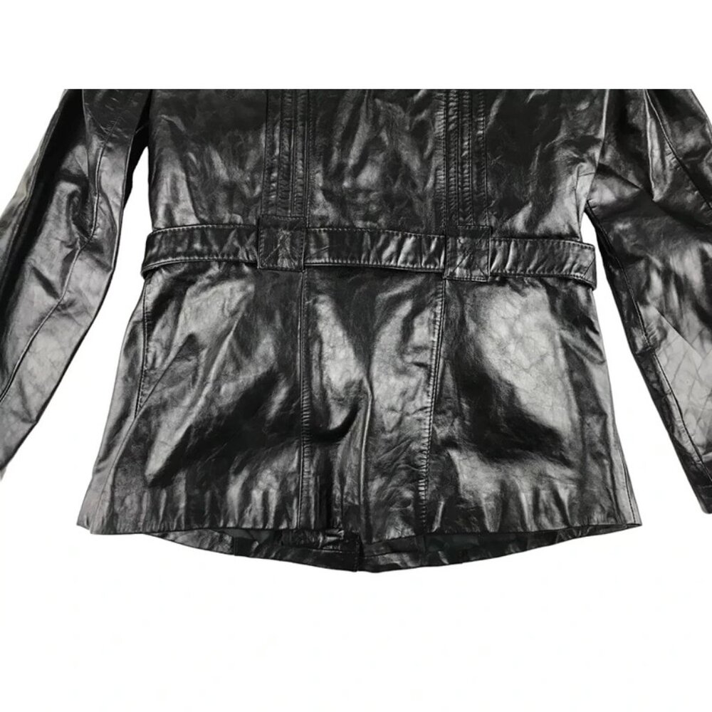 Berman's Womens Black Leather Pockets Long Sleeve Belted Jacket Size 16 - Picture 9 of 9